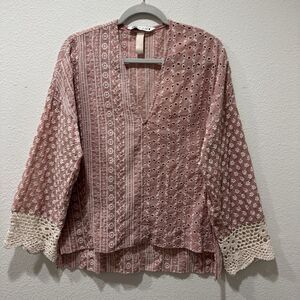 ZARA Openwork Embroidery V Neck Crochet Blouse Size S Pink Cream Peasant Cottage